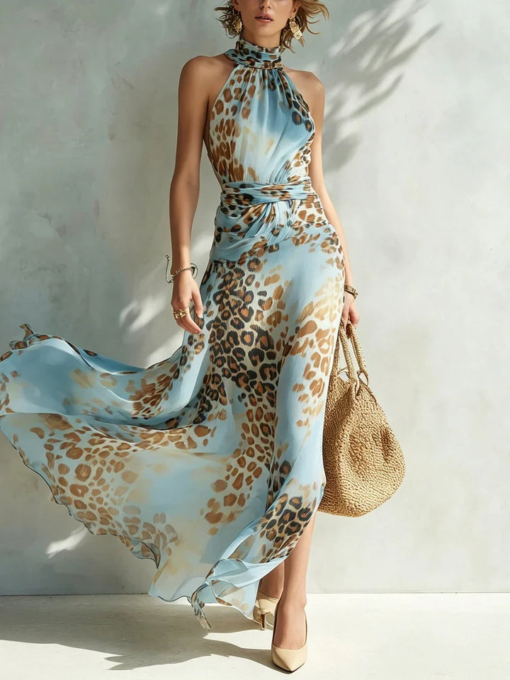 Eloria - Vestido largo con estampado de leopardo y escote halter transparente