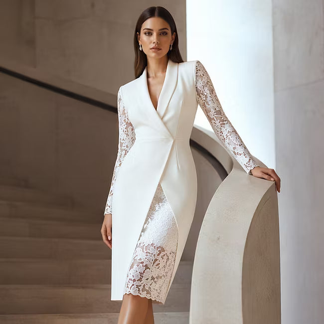 Menna - Vestido midi entallado con mangas de encaje elegantes