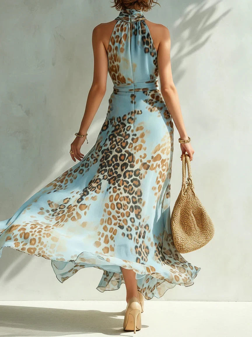 Eloria - Vestido largo con estampado de leopardo y escote halter transparente