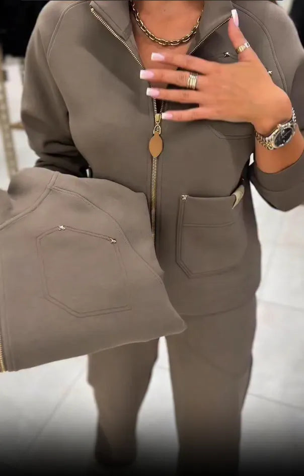 Floranique - Chaqueta corta con cierre delantero y pantalones de pernera ancha