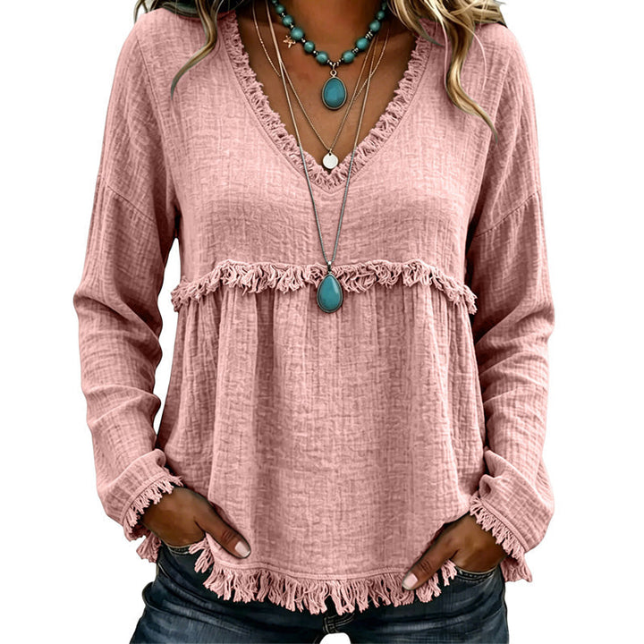 Ariselle - Blusa con escote en V y flecos