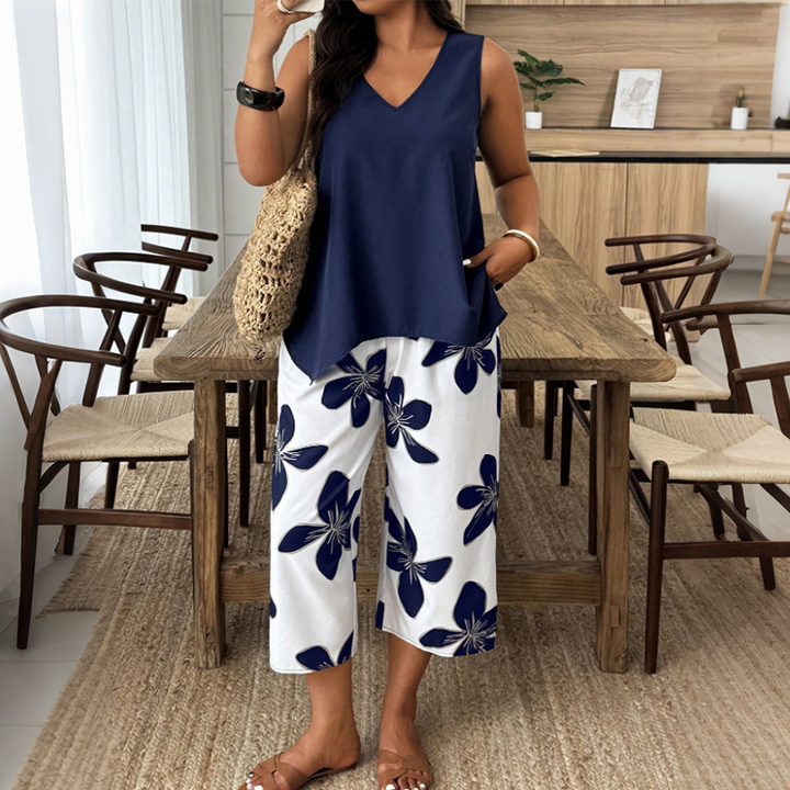 Marissa - Top asimétrico de tacto suave y conjunto capri floral
