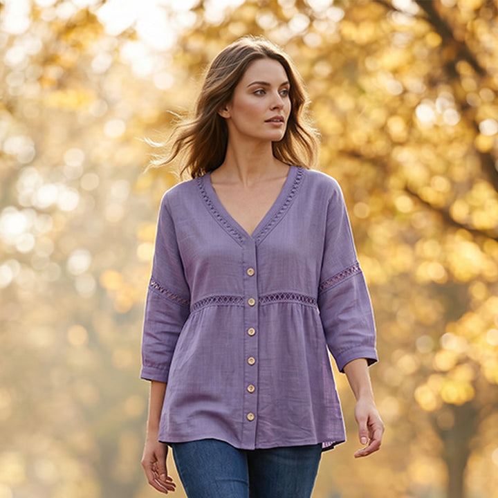 Ardena - Blusa bordada de botonadura frontal