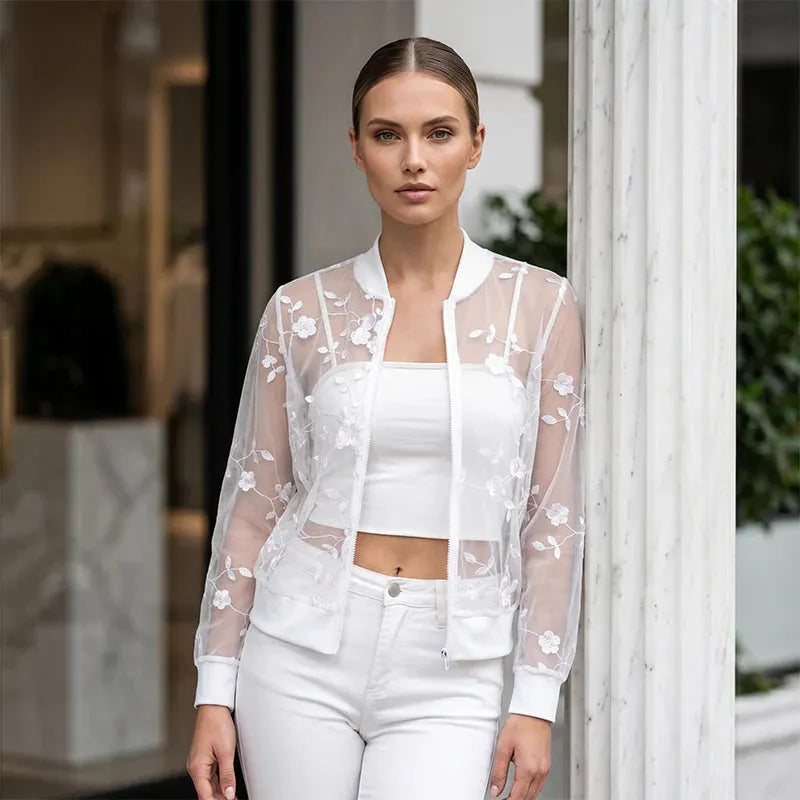 Aderisse - Cárdigan transparente con cremallera y motivo floral
