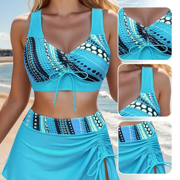 Xena - Conjunto de bikini con falda y lazadas fruncidas