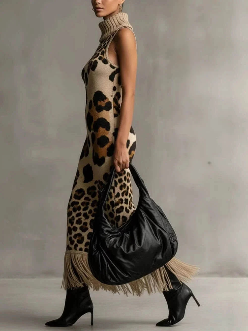 Oksana - Vestido maxi con flecos y estampado de leopardo