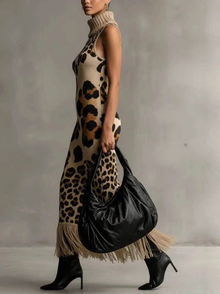 Oksana - Vestido maxi con flecos y estampado de leopardo
