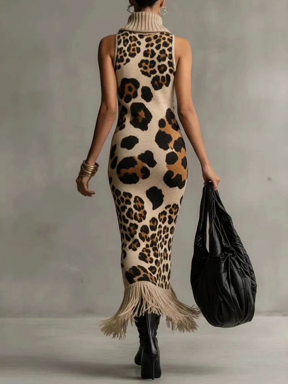 Oksana - Vestido maxi con flecos y estampado de leopardo