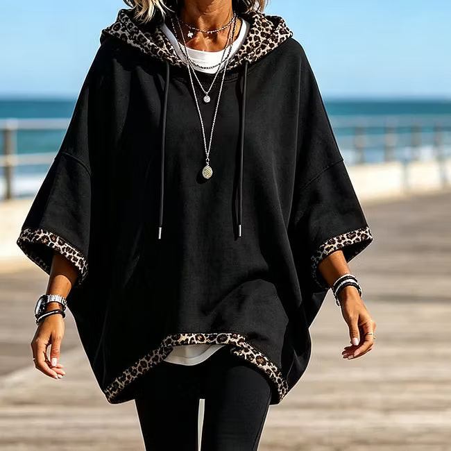 Aliz - Sudadera con capucha, mangas murciélago y ribete de leopardo