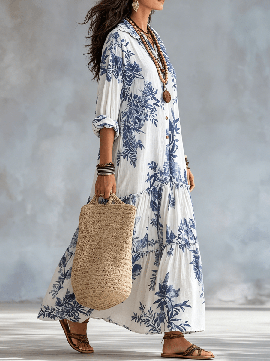 Thealise - Vestido largo ligero con estampado floral y botones