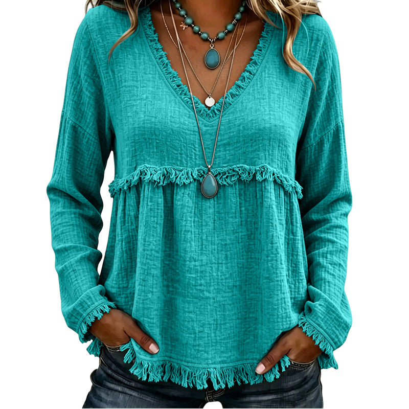 Ariselle - Blusa con escote en V y flecos
