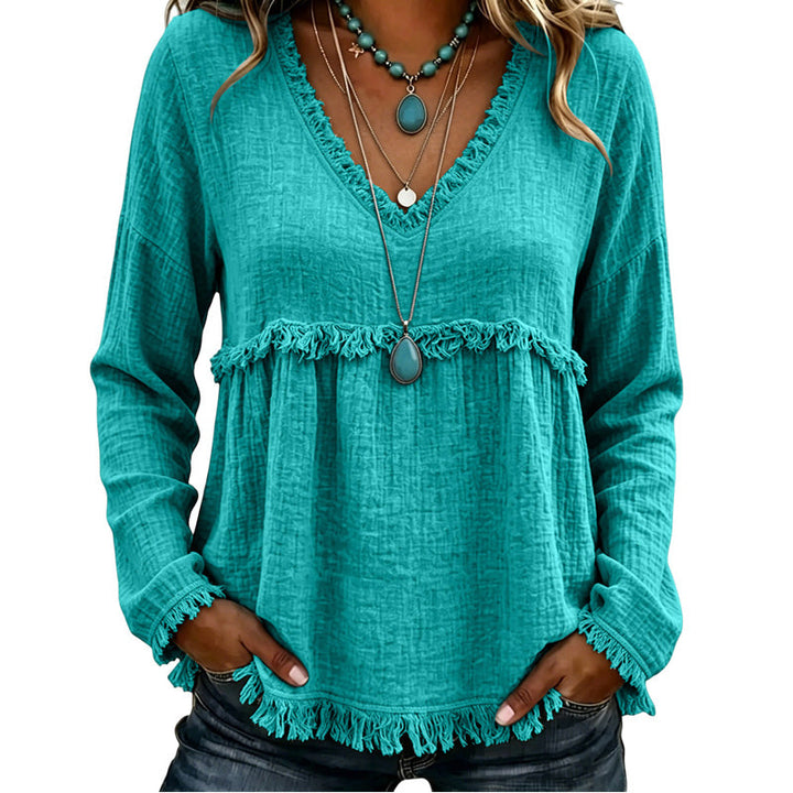 Ariselle - Blusa con escote en V y flecos