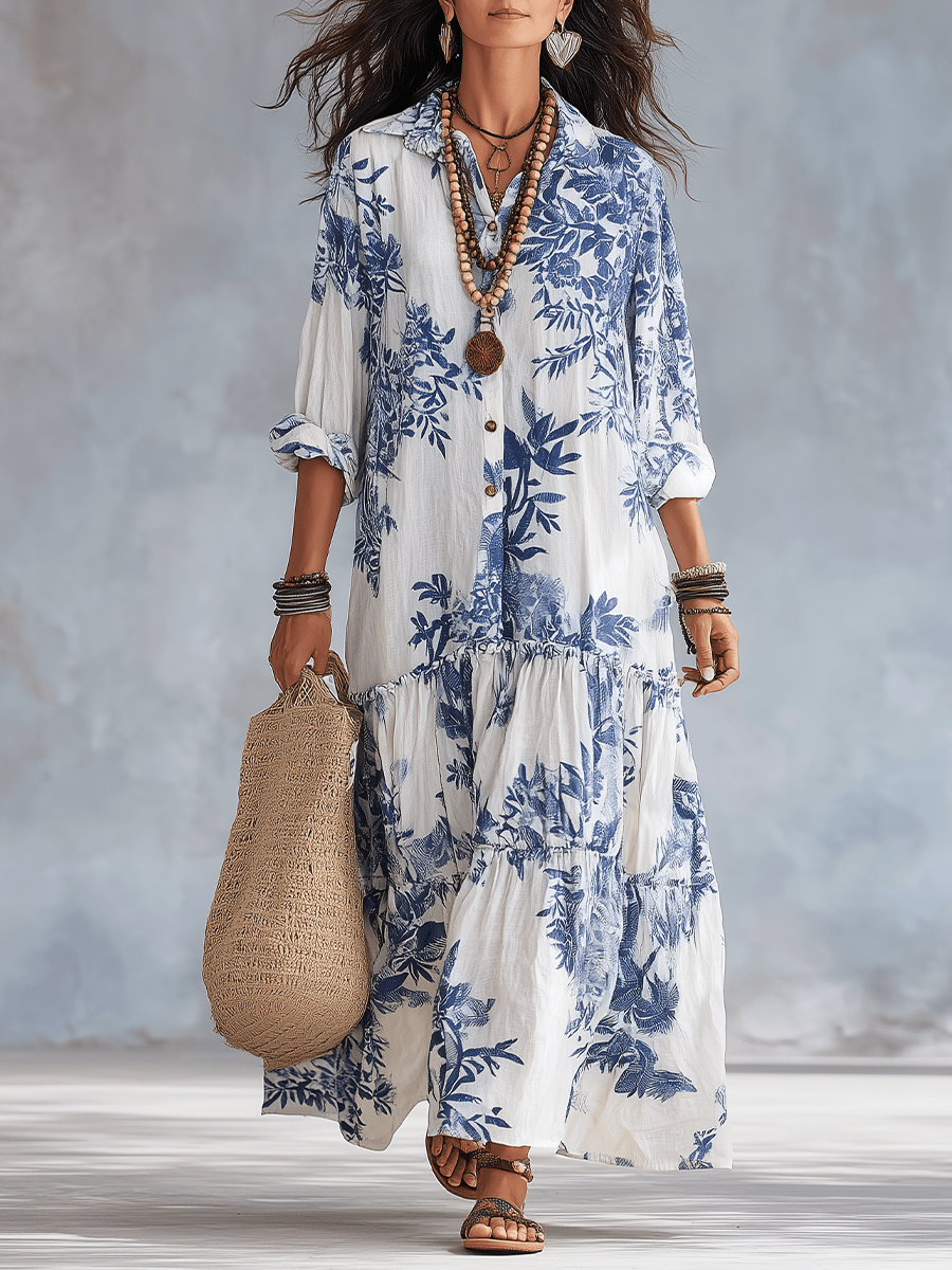 Thealise - Vestido largo ligero con estampado floral y botones