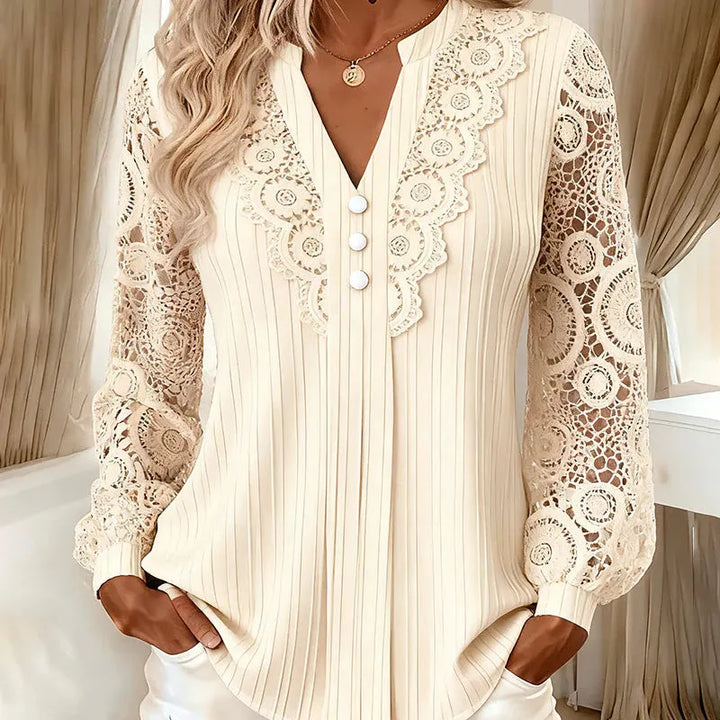 Brinoria - Blusa con mangas de encaje y escote en V