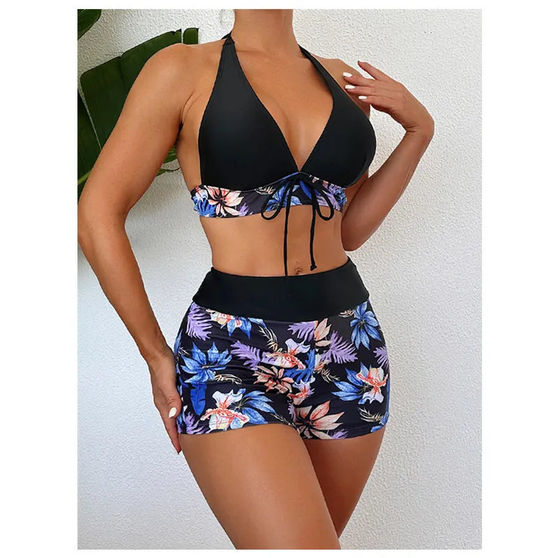 Zenaida - Conjunto de bikini halter con estampado floral y shorts