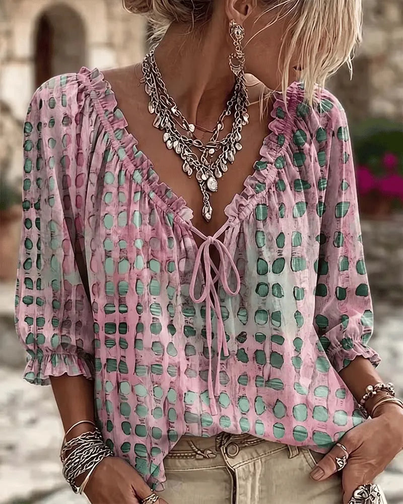 Araminta - Blusa de escote en V con cierre de cordón y tacto suave