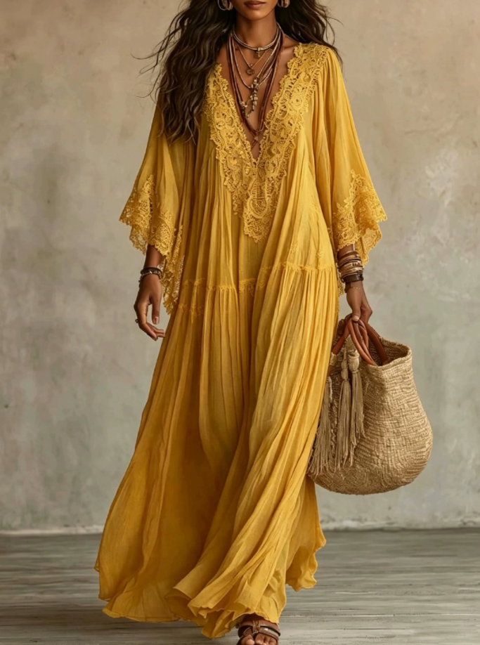 Aerinne - Vestido largo plisado vaporoso