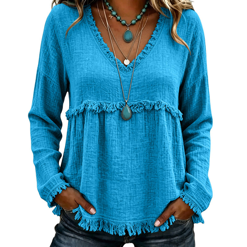Ariselle - Blusa con escote en V y flecos