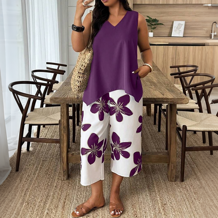 Marissa - Top asimétrico de tacto suave y conjunto capri floral