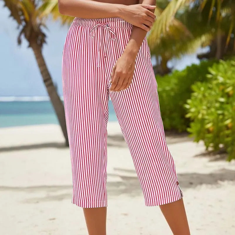 Roselina - Pantalón capri de rayas con cintura ajustable