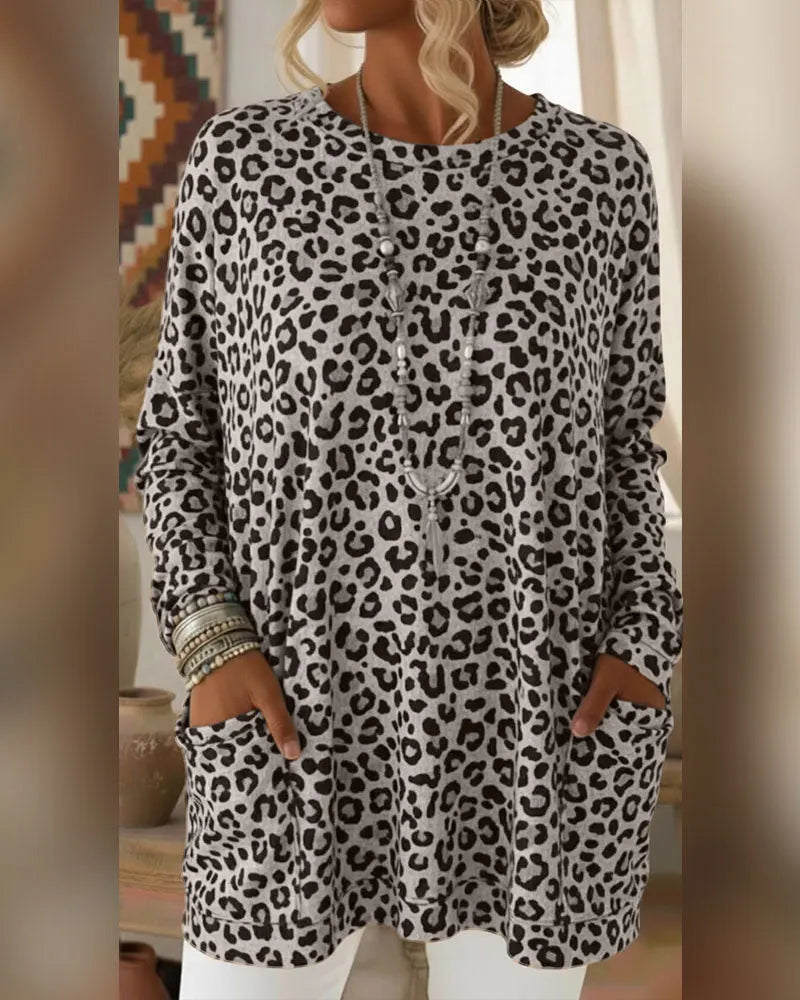 Calivelle - Top de manga larga de tacto suave con estampado de leopardo