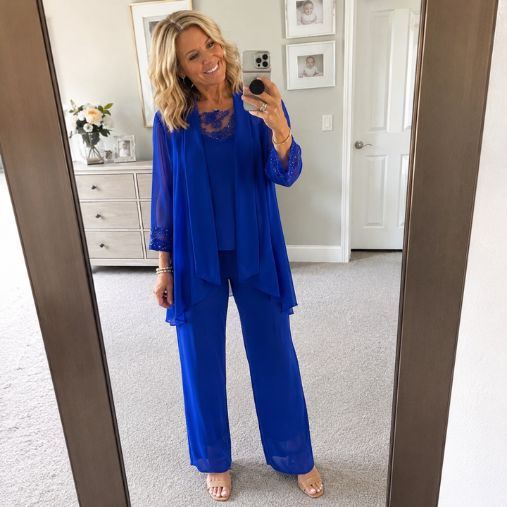 Aeliana - Conjunto elegante de tres piezas con americana y pantalón de pernera ancha