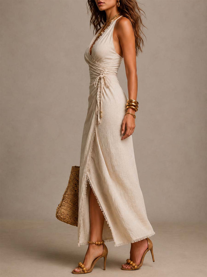 Aeloria - Vestido midi cruzado de lino premium