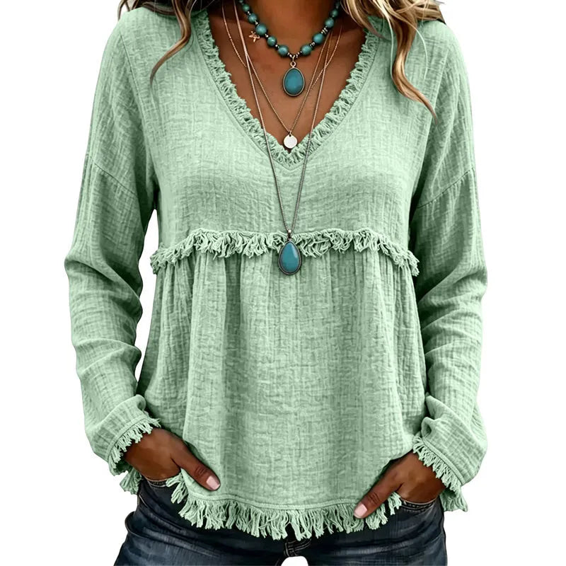 Ariselle - Blusa con escote en V y flecos