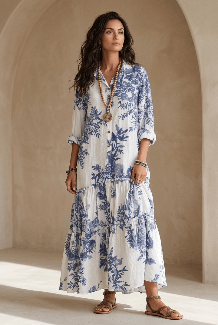 Thealise - Vestido largo ligero con estampado floral y botones