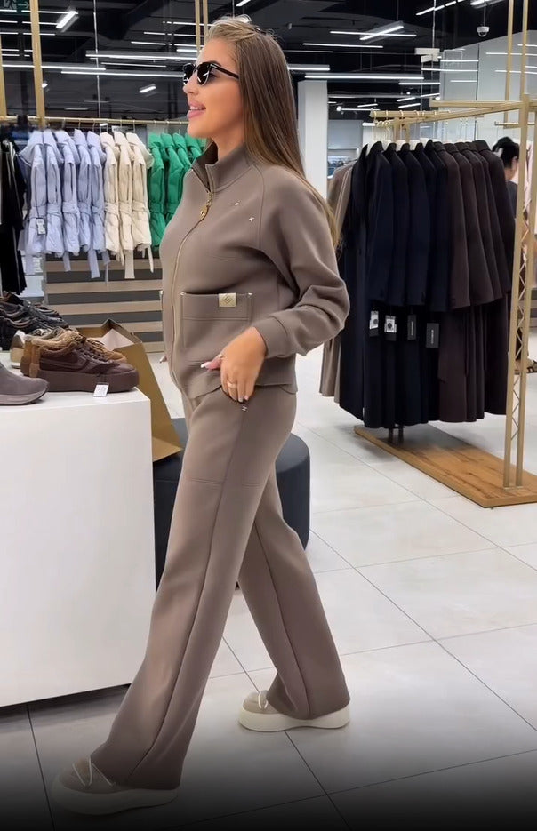 Floranique - Chaqueta corta con cierre delantero y pantalones de pernera ancha