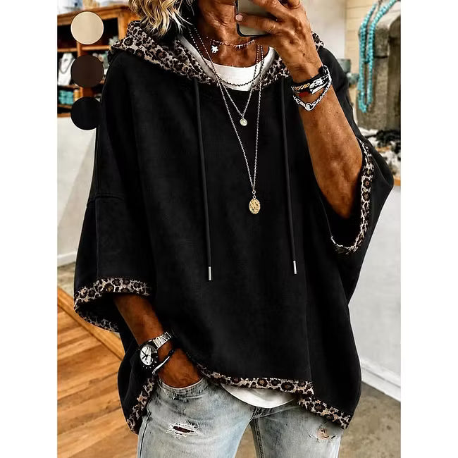 Aliz - Sudadera con capucha, mangas murciélago y ribete de leopardo