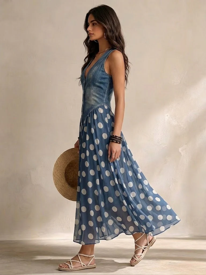 Ameliora - Vestido de lunares de tejidos combinados