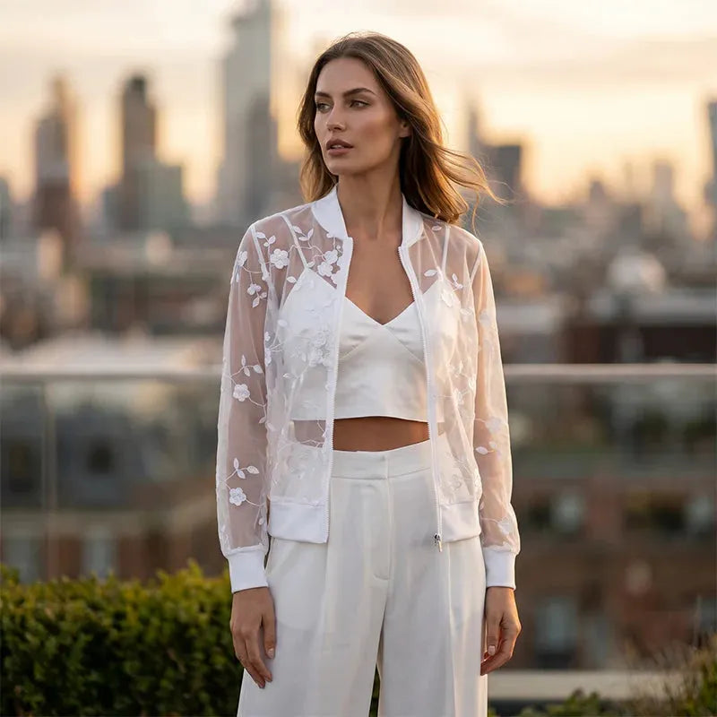 Aderisse - Cárdigan transparente con cremallera y motivo floral