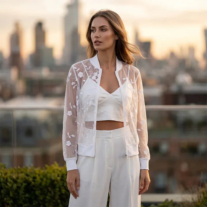 Aderisse - Cárdigan transparente con cremallera y motivo floral