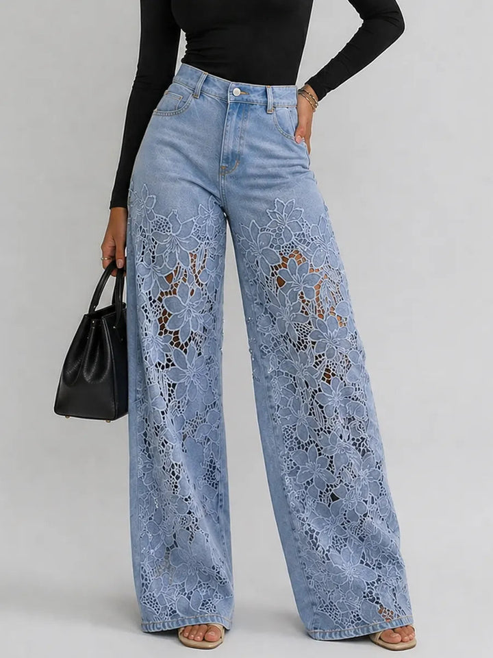 Kaliora - Vaqueros de pernera ancha con encaje floral