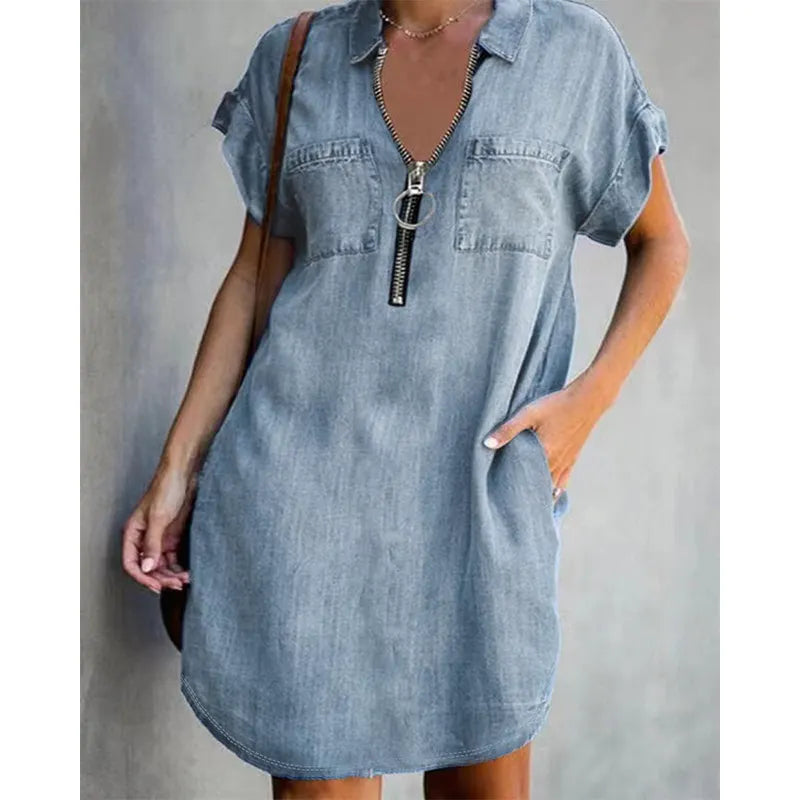 Genevalle - Vestido casual de chambray con bolsillo