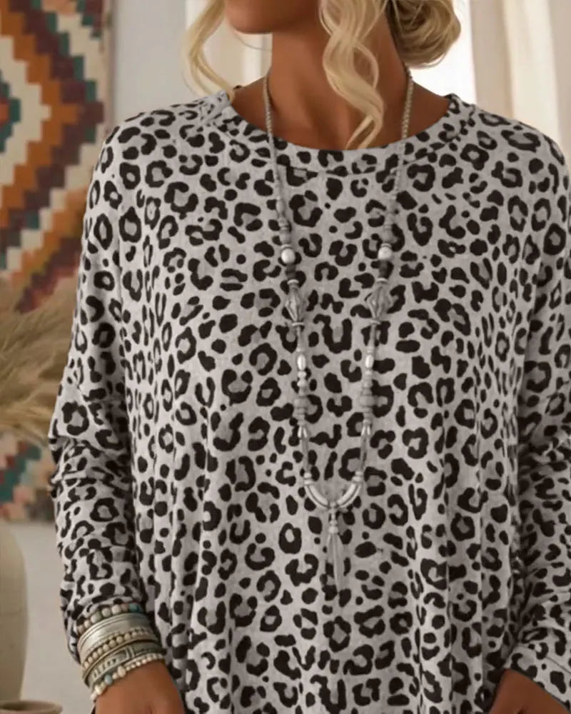 Calivelle - Top de manga larga de tacto suave con estampado de leopardo