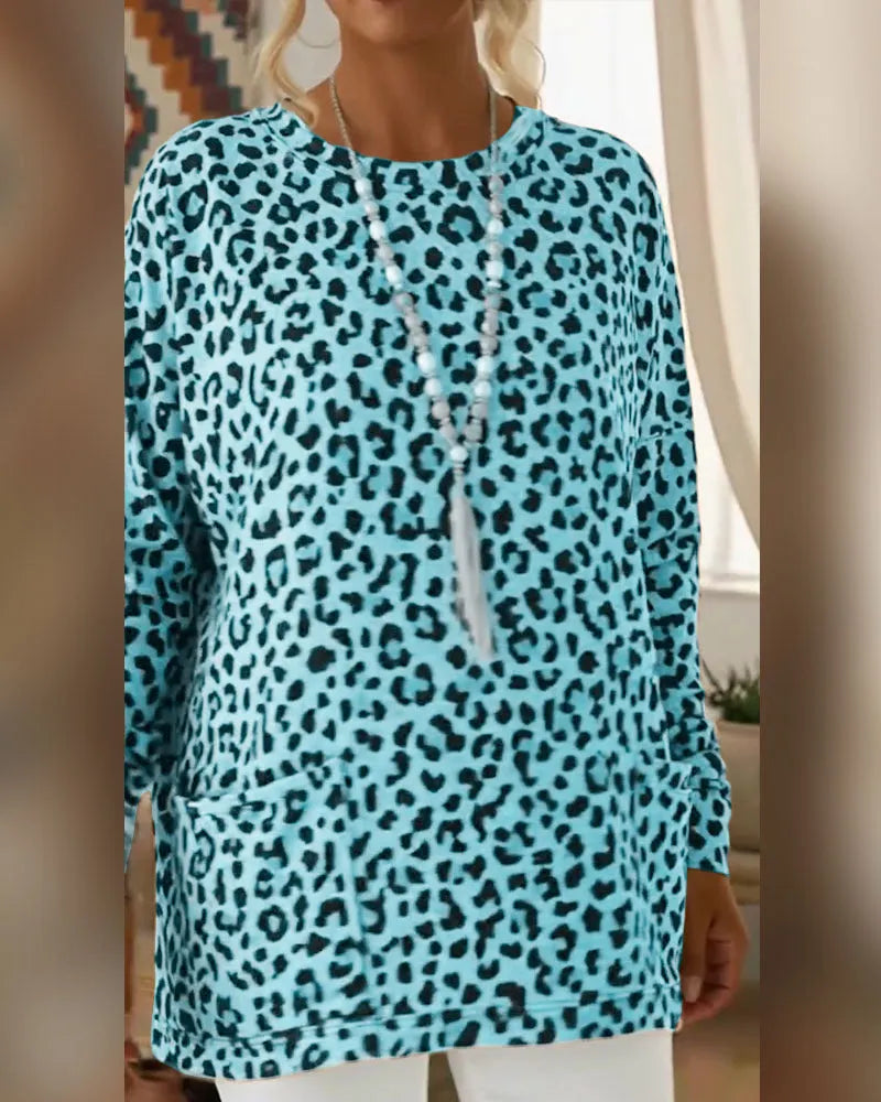 Calivelle - Top de manga larga de tacto suave con estampado de leopardo