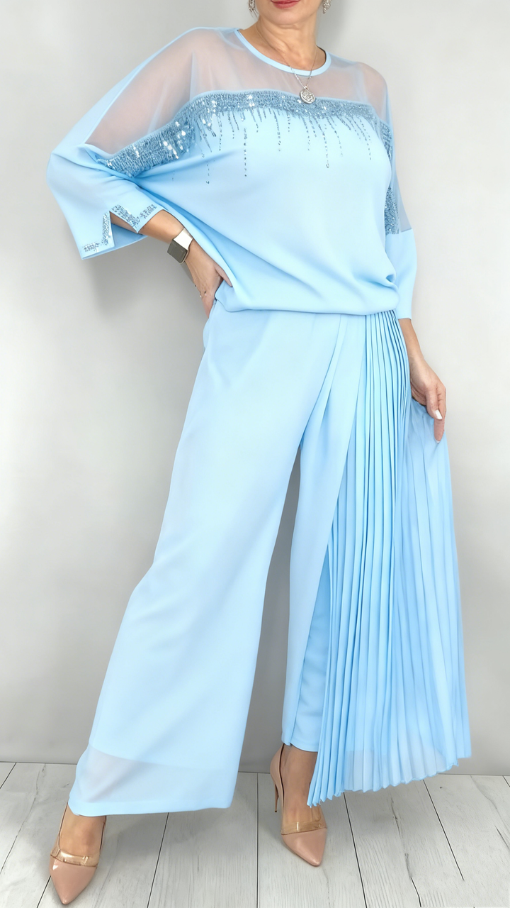 Caia - Conjunto de dos piezas con pantalón con detalles plisados y apliques