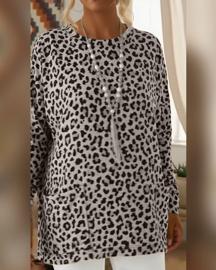 Primelia - Top de manga larga y tacto suave con estampado de leopardo