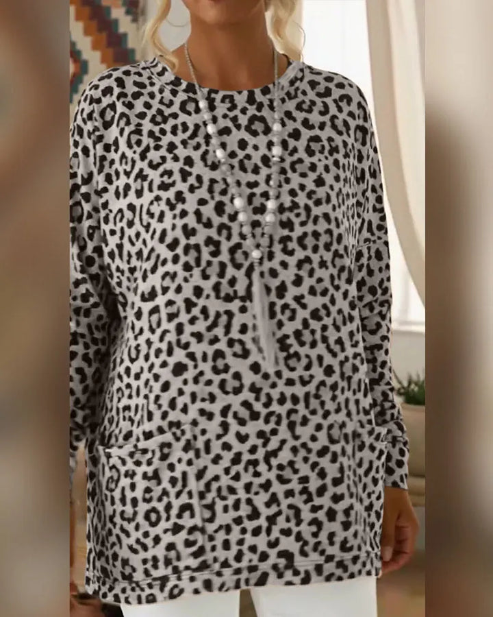 Calivelle - Top de manga larga de tacto suave con estampado de leopardo