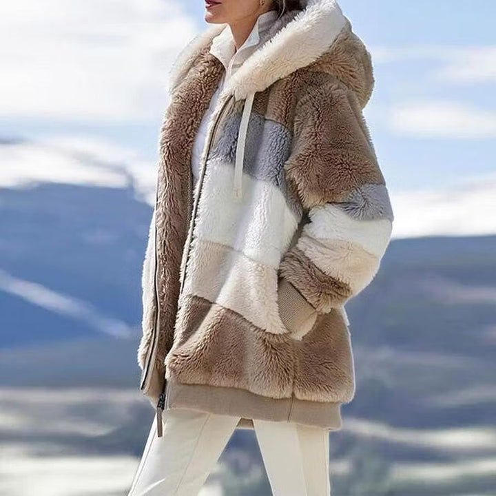 Ruelle - Abrigo de peluche con capucha, corte oversize