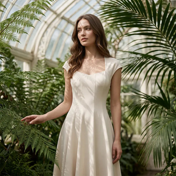 Ysolenne - Vestido midi con escote cuadrado de tacto suave