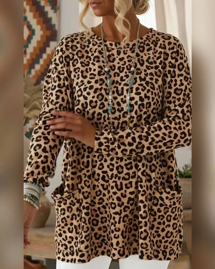 Primelia - Top de manga larga y tacto suave con estampado de leopardo