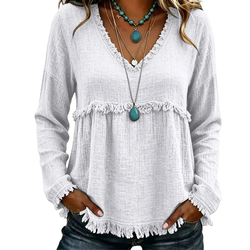 Ariselle - Blusa con escote en V y flecos