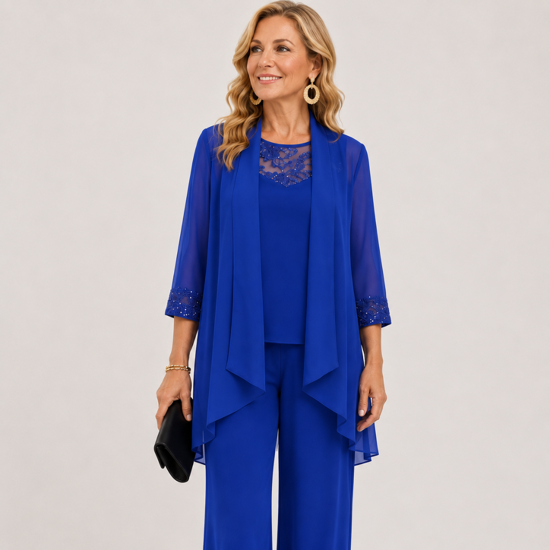 Aeliana - Conjunto elegante de tres piezas con americana y pantalón de pernera ancha