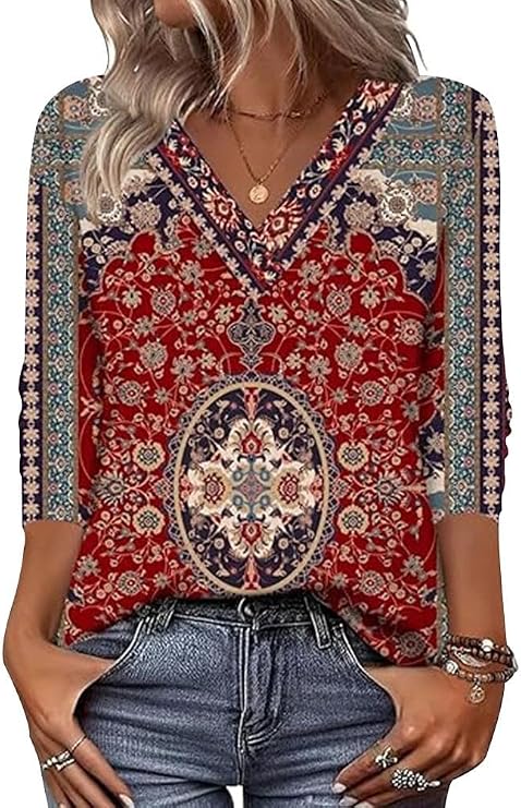 Arianwen - Blusa estampada de tacto suave con escote en V
