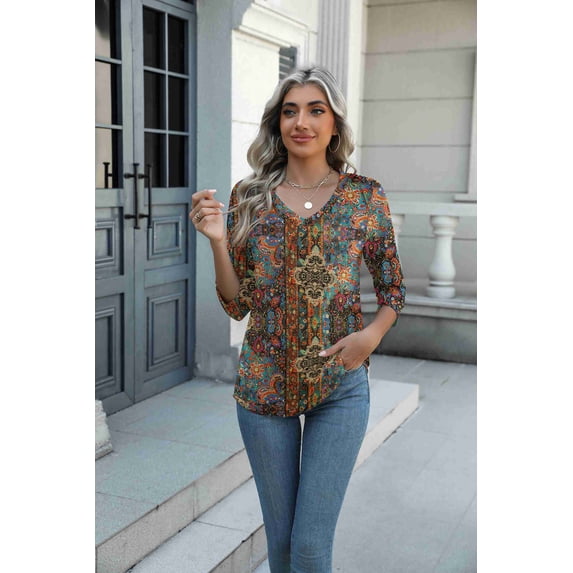 Arianwen - Blusa estampada de tacto suave con escote en V