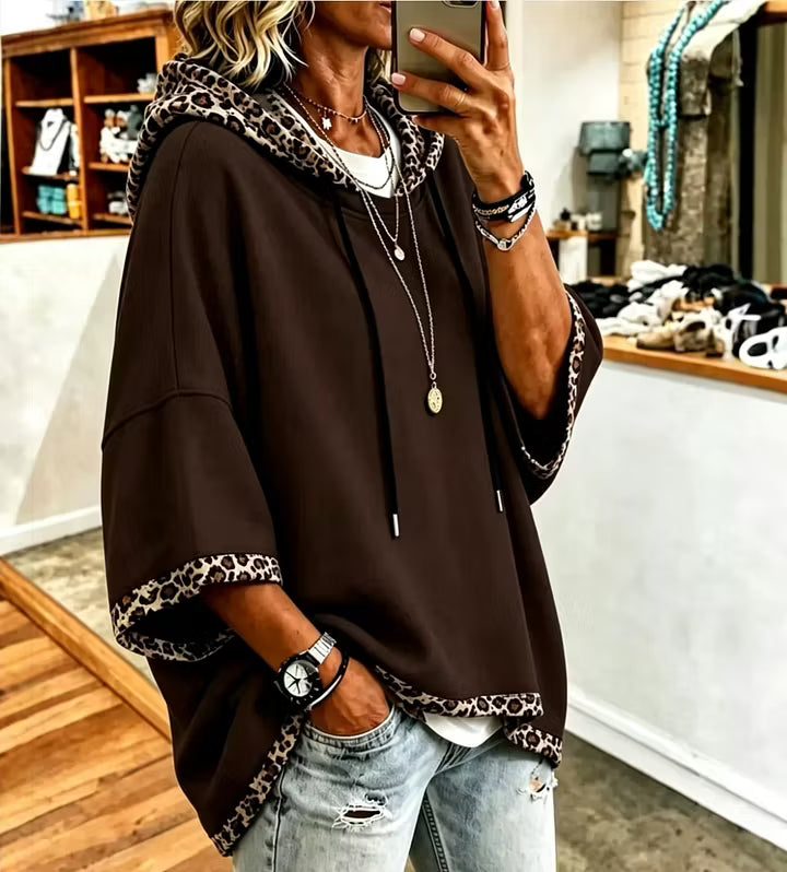 Aliz - Sudadera con capucha, mangas murciélago y ribete de leopardo