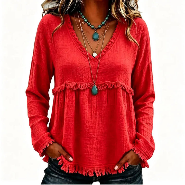 Ariselle - Blusa con escote en V y flecos